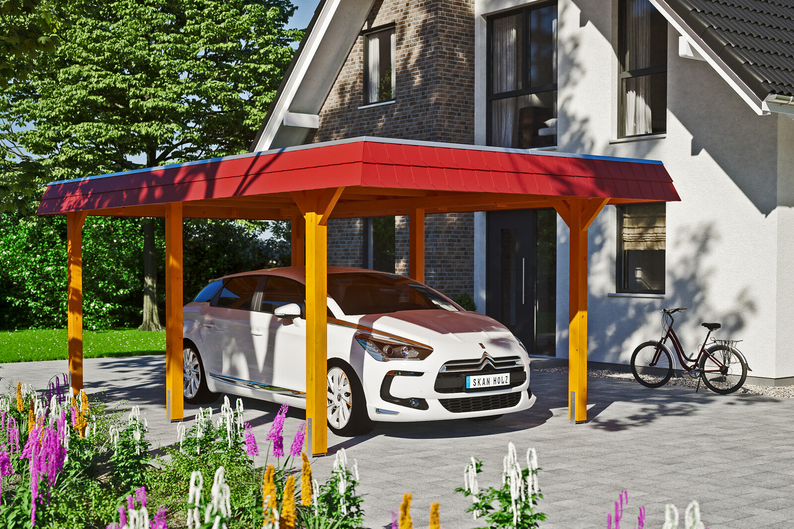 Carport Wendland, rode plaat met leisteenuiterlijk 362 x 628 cm, gelakt in licht eiken, met dakbetimmering en EPDM-folie