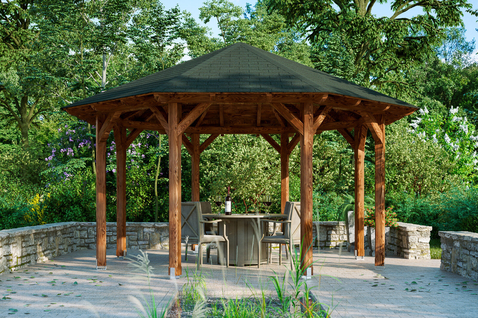 8hranný altán LYON 2, Ø 484 cm, barevně ošetřeno v barvě ořechu