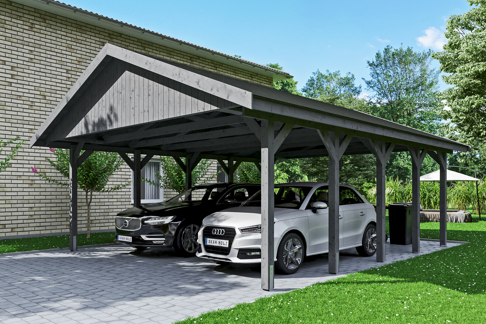 Carport Wallgau 620 x 750 cm, schiefergrau, schwarze Schindeln
