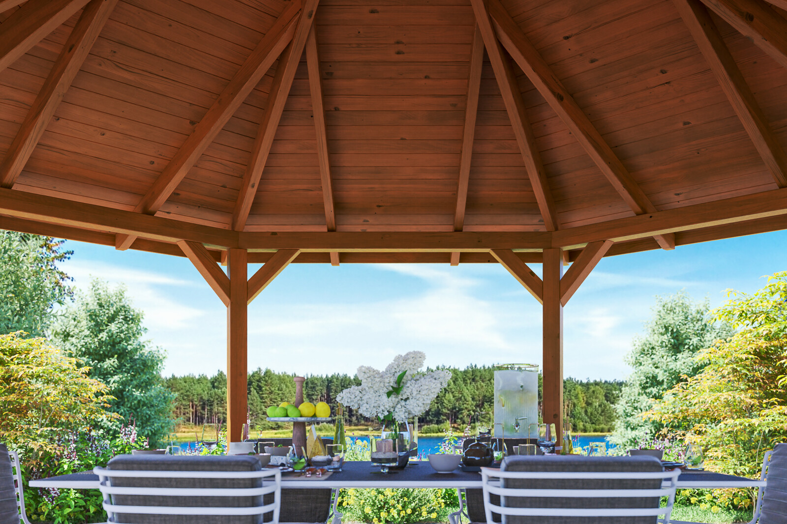 6hranný altán NANCY 3, Ø 480 cm, barevně ošetřeno v barvě ořechu