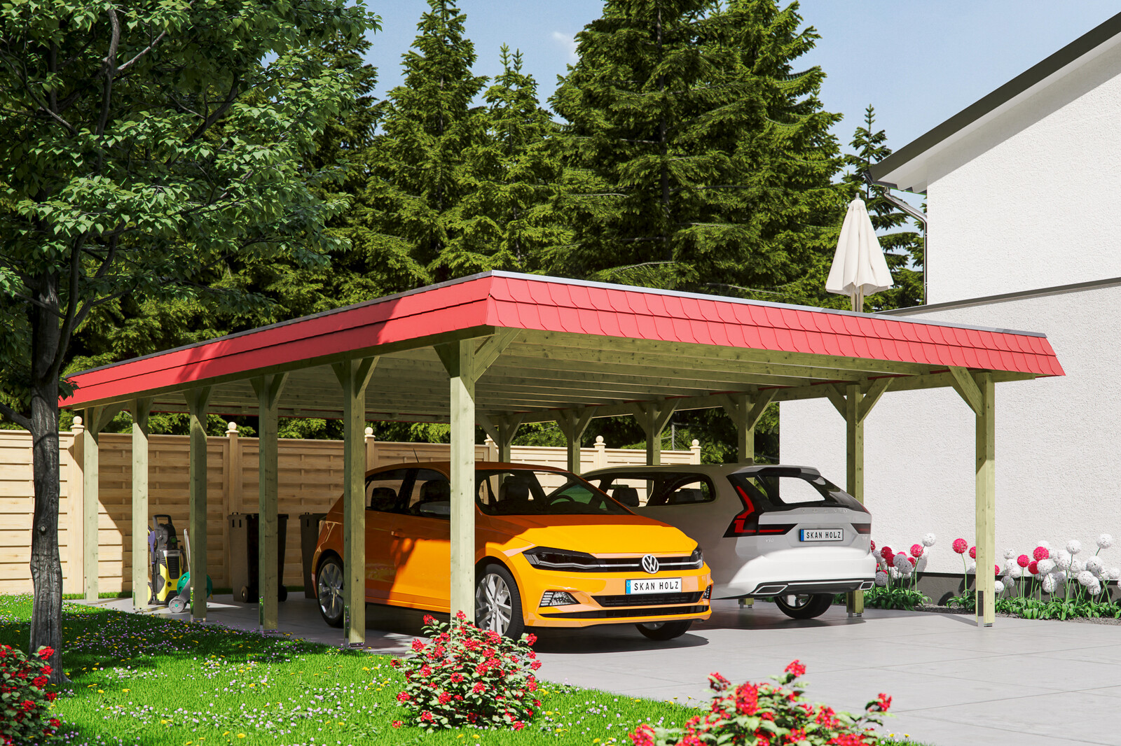 Carport Spreewald 585 x 893 cm mit Aluminiumdach, rote Blende