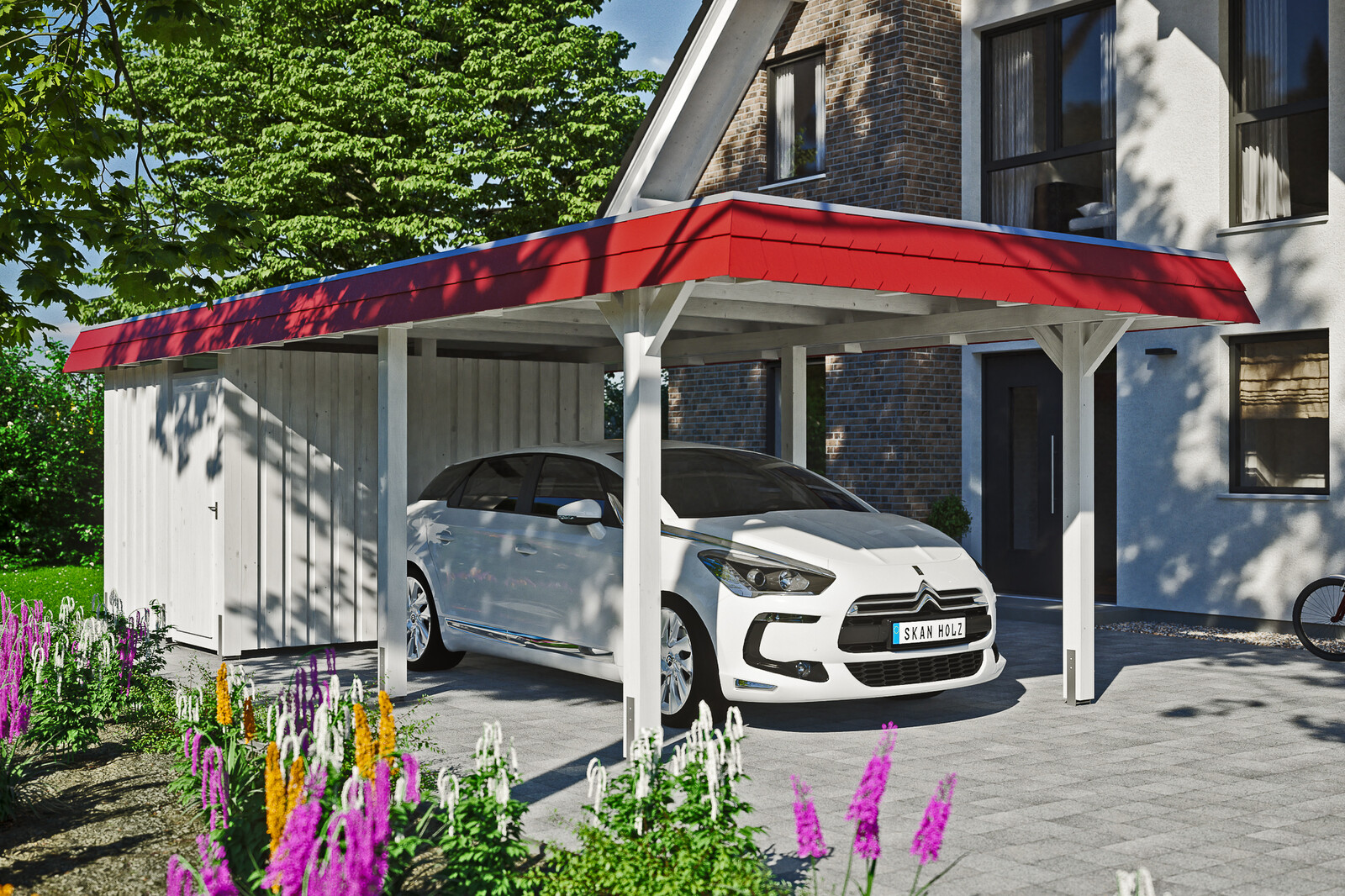 Carport Wendland, rode plaat met leisteenuiterlijk 362 x 870 cm, met bergruimte, gelakt in wit, met dakbetimmering en EPDM-folie