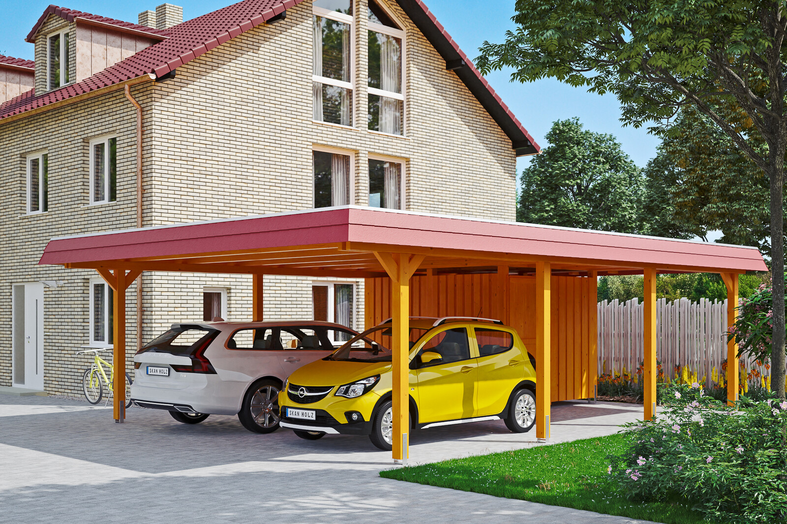Carport Wendland, rode plaat met leisteenuiterlijk 630 x 879 cm, met bergruimte, gelakt in licht eiken, met dakbetimmering en EPDM-folie