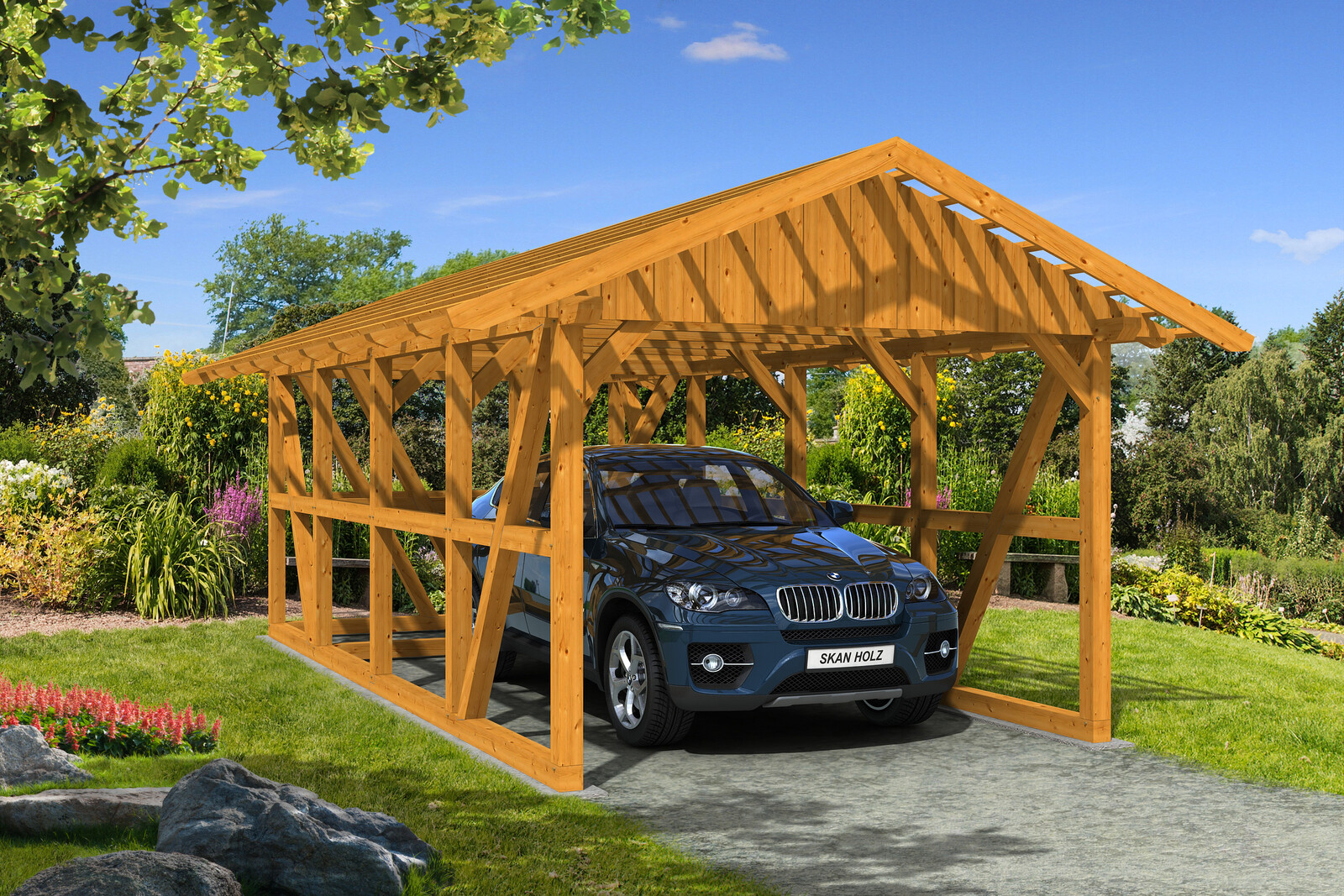 Carport Schwarzwald 424 x 772 cm mit Abstellraum, eiche hell, mit Dachlattung