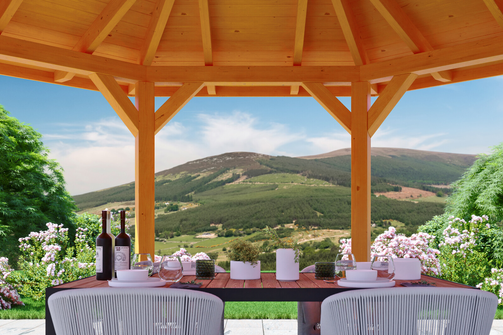 6hranný altán NANCY 1, Ø 360 cm, barevně ošetřené v barvě světlý dub