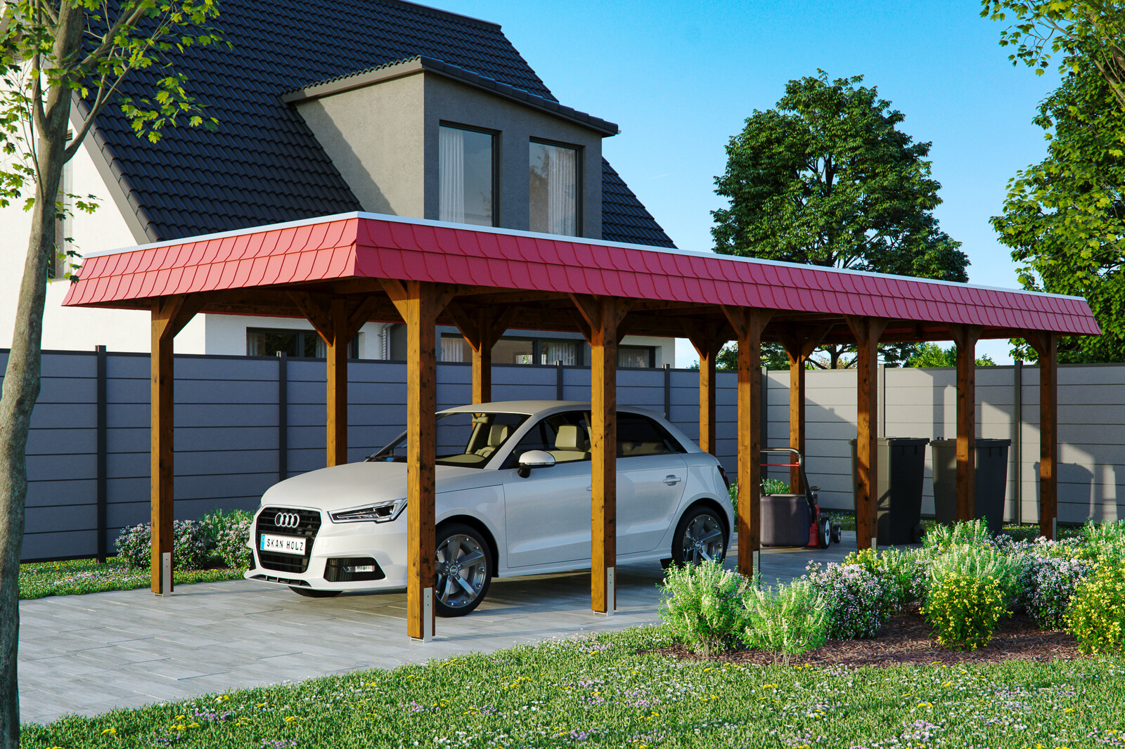 Carport Spreewald, rode plaat met leisteenuiterlijk 345 x 893 cm, gelakt in noten, met Aluminium dakplaten