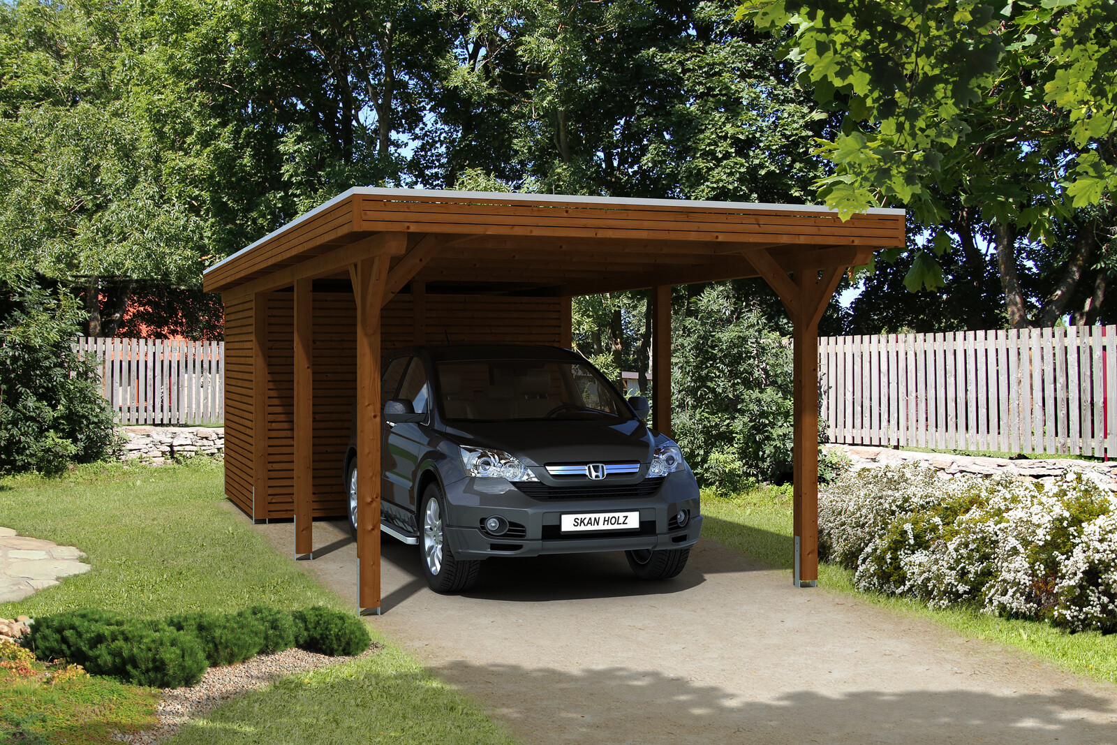 Carport Spessart 355 x 846 cm with storage room, colour pre-treated walnut