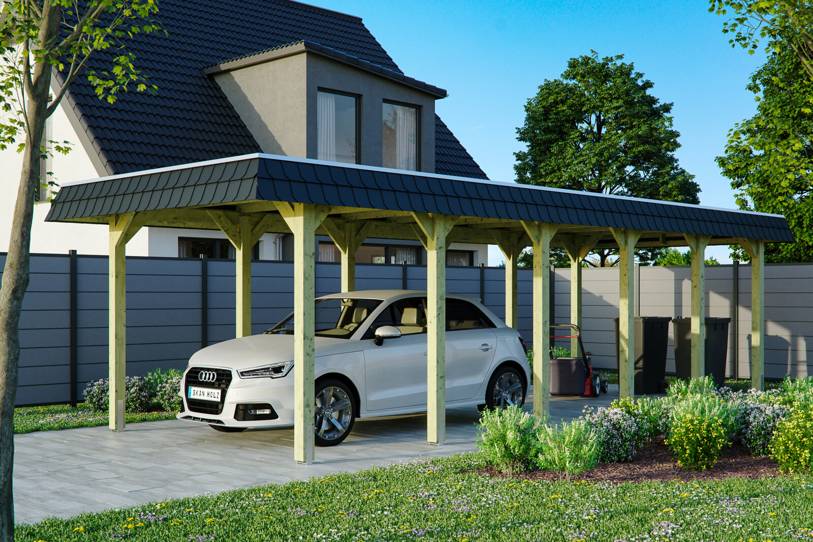 Carport Spreewald 345 x 893 cm mit Aluminiumdach, schwarze Blende