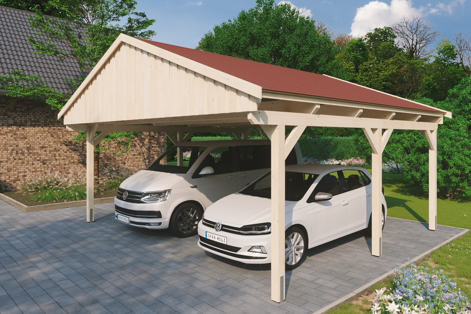 Carport Fichtelberg 618 x 566 cm, rote Schindeln, natur