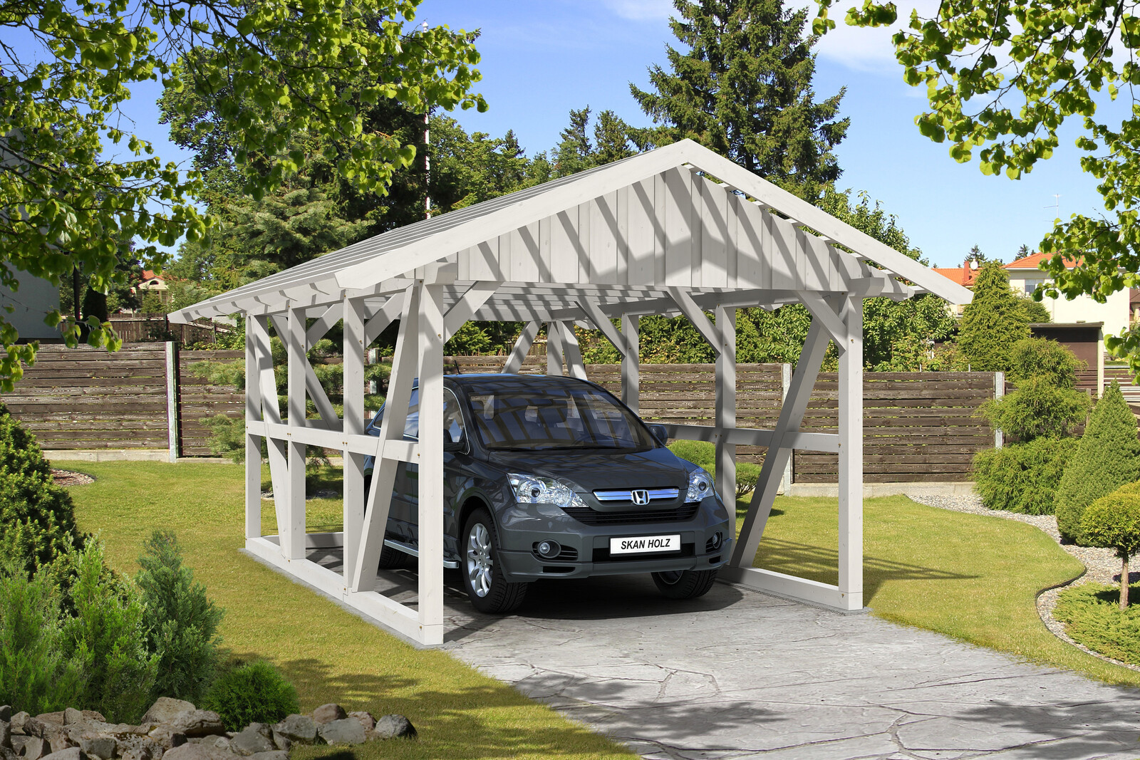 Carport Schwarzwald 424 x 600 cm mit Rückwand, weiß, mit Dachlattung