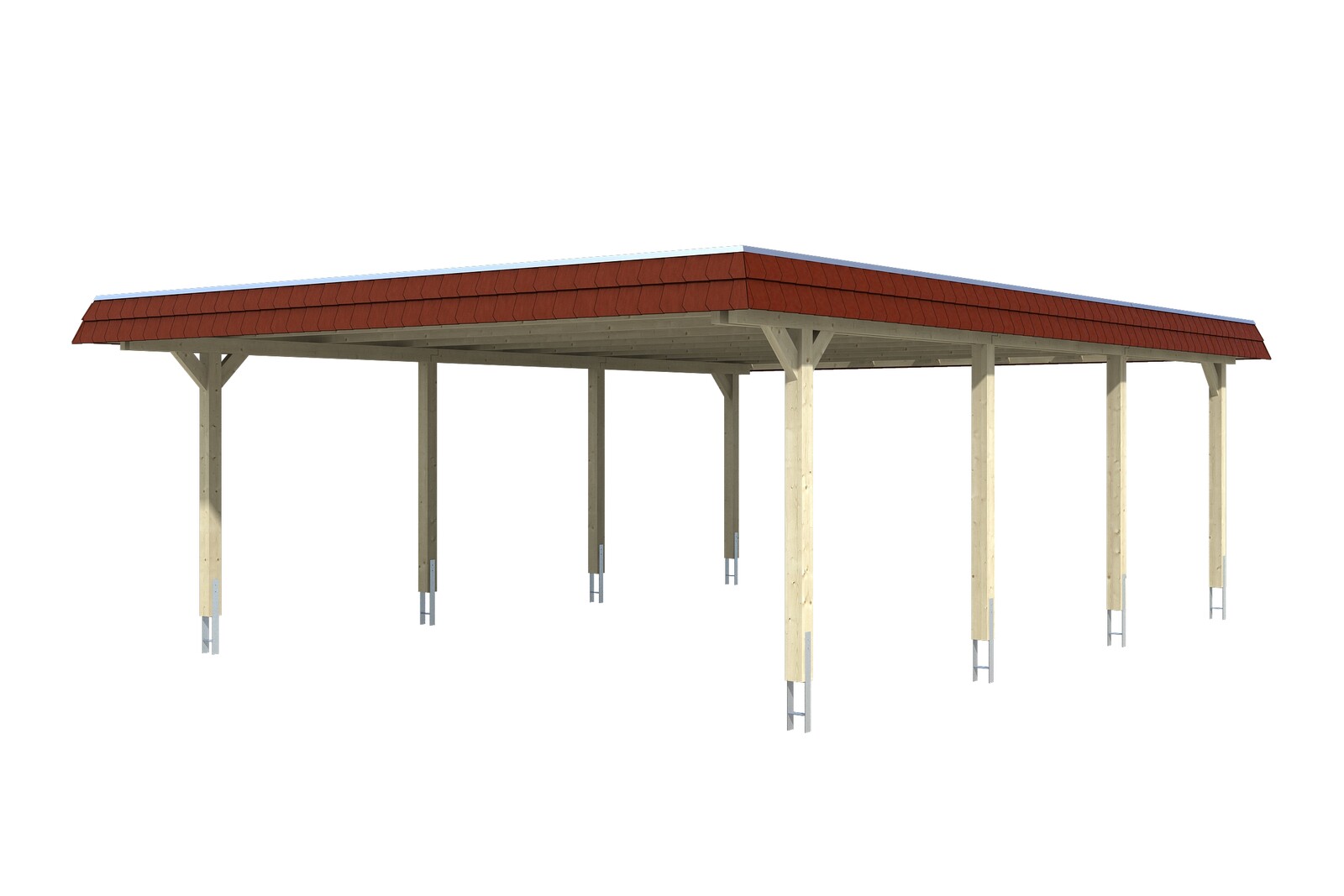 Carport Wendland 630 x 879 cm mit EPDM-Dach, rote Blende, eiche hell