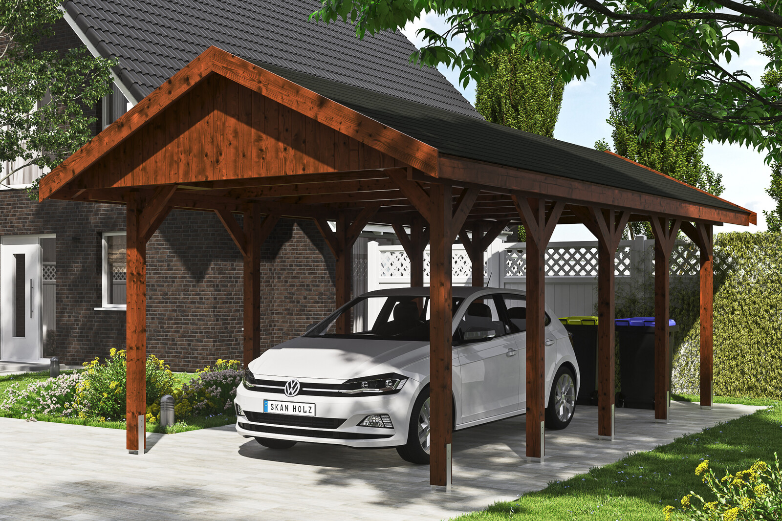 Carport Wallgau 380 x 750 cm, colour pre-treated walnut, black shingles