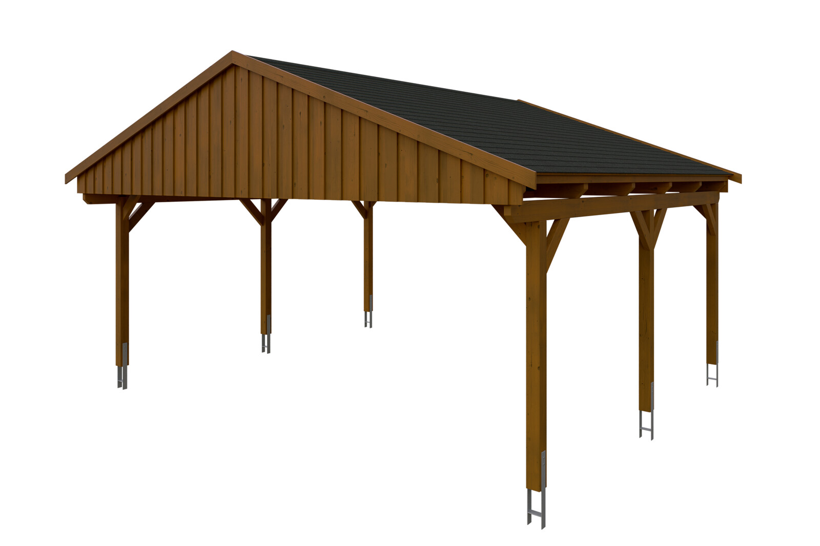 Carport Fichtelberg 618 x 566 cm, schwarze Schindeln, nussbaum