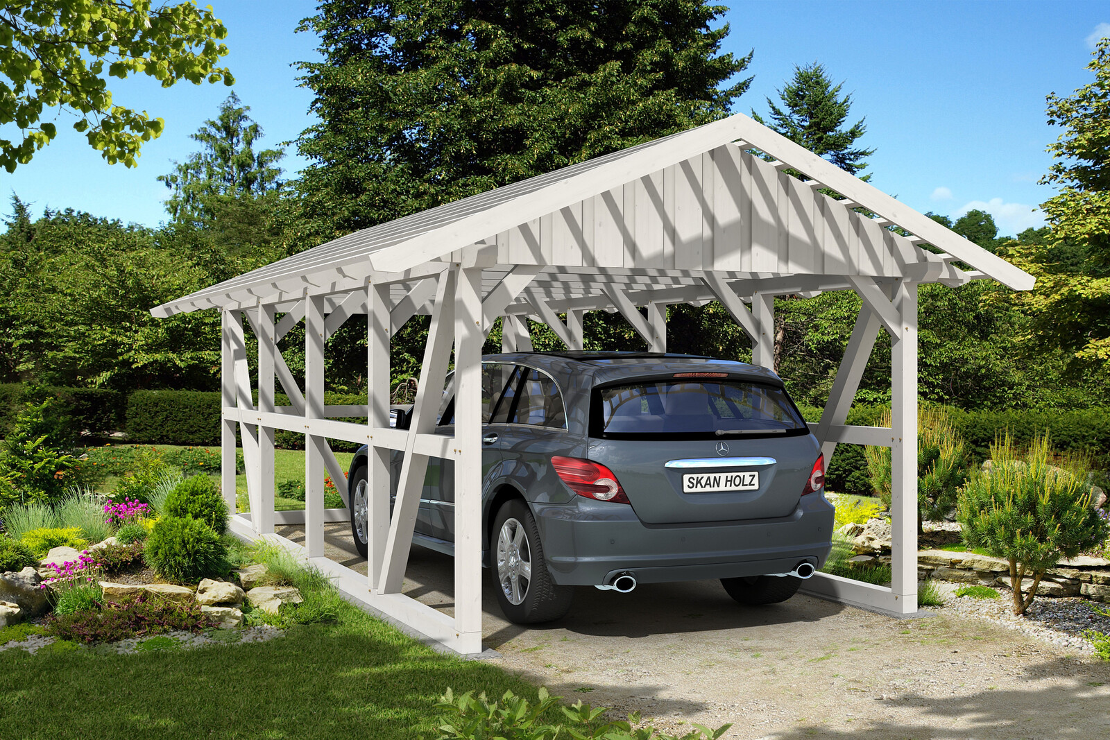 Carport Schwarzwald 424 x 772 cm, met achterwand, met daklatten, gelakt in wit
