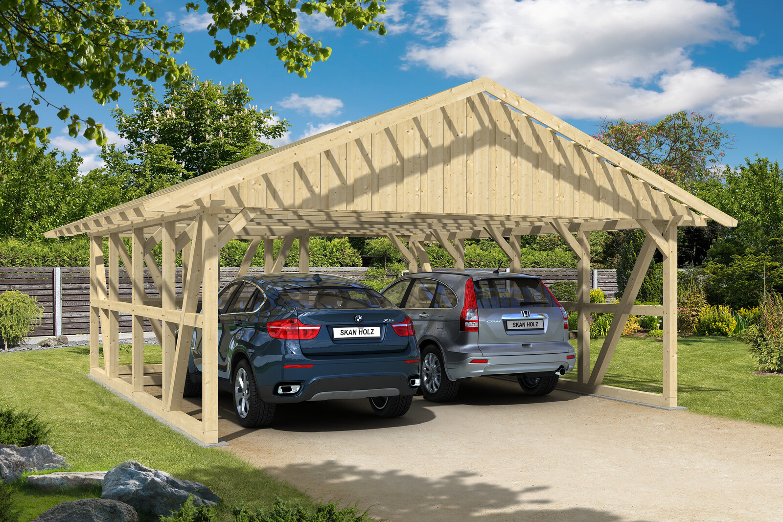 Carport SCHWARZWALD 684x772cm avec remise 274x160cm, lattis, KVH-bois d'épinette, non traité