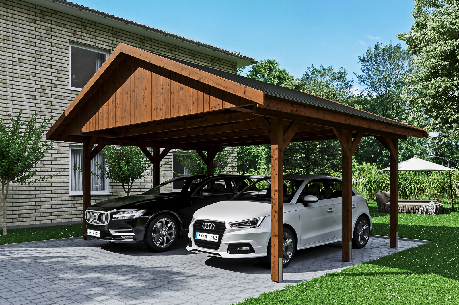 Carport Wallgau 620 x 500 cm, nussbaum, schwarze Schindeln