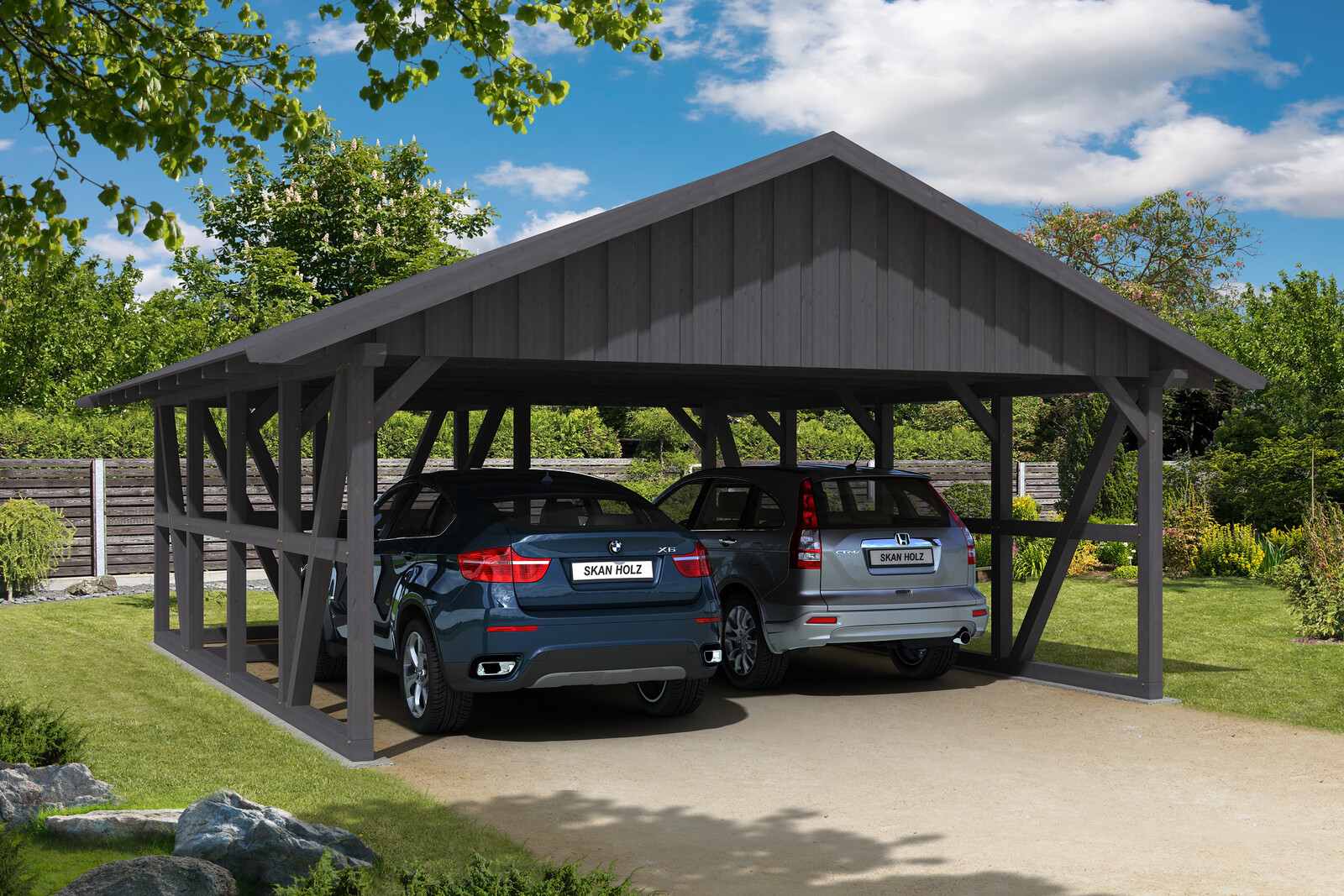 Carport Schwarzwald 684 x 772 cm, met bergruimte 274cm, met dakbetimmering, gelakt in leigrijs