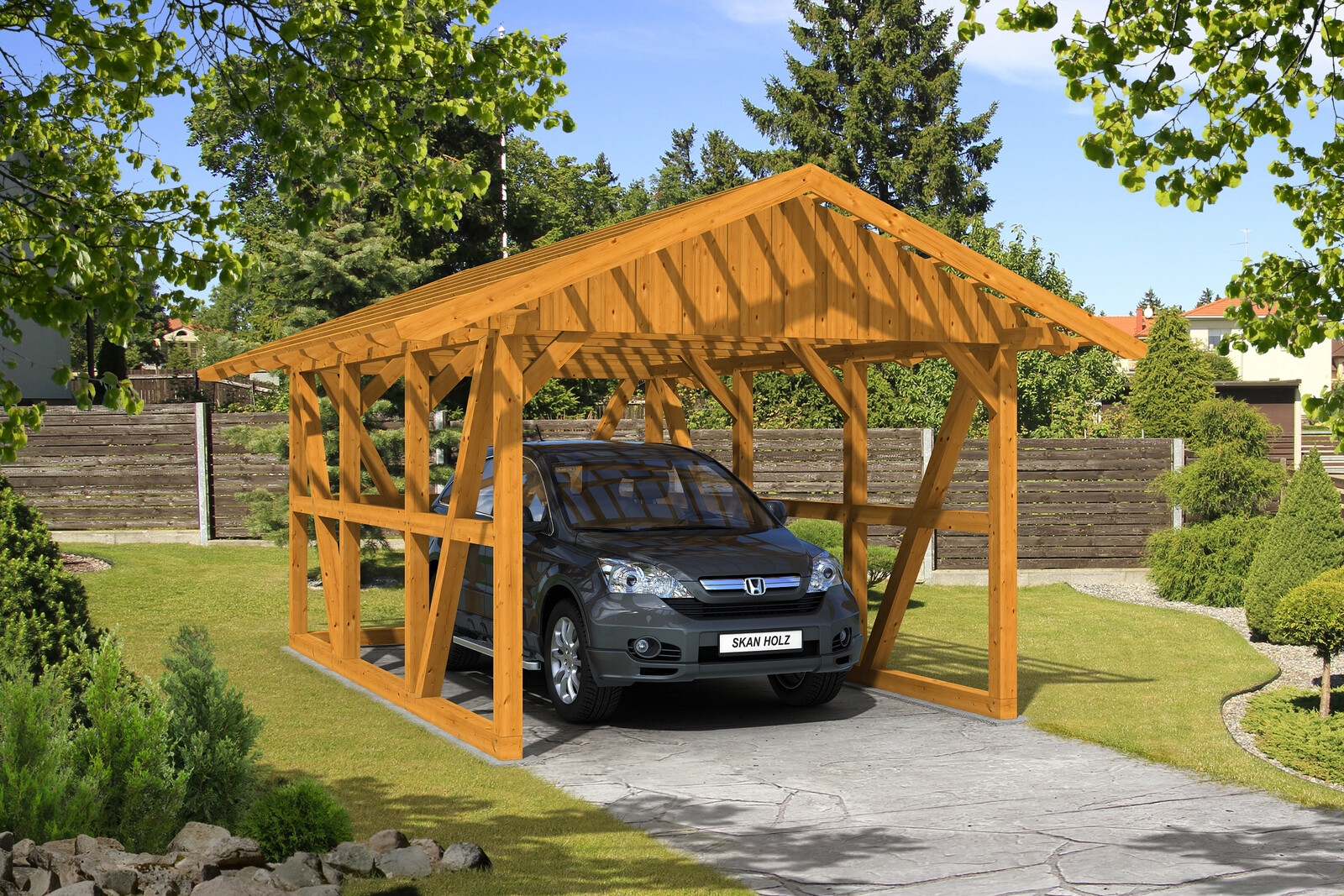 Carport Schwarzwald 424 x 600 cm, met achterwand, met daklatten, gelakt in licht eiken