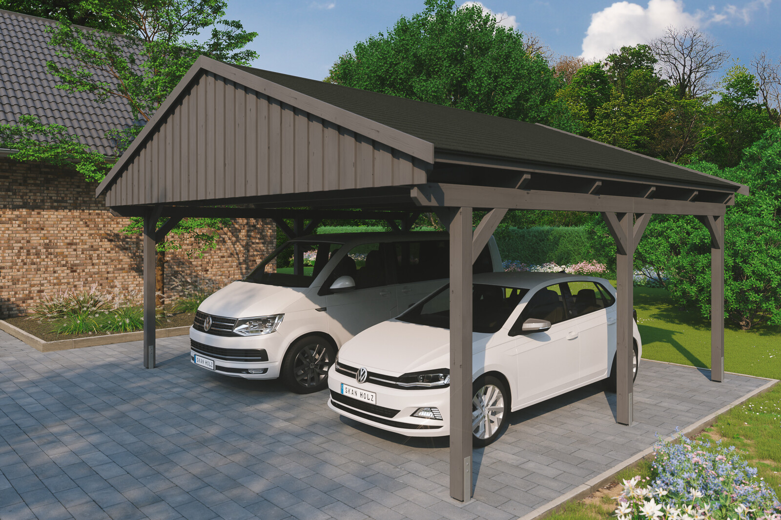 Carport Fichtelberg 618 x 566 cm, schwarze Schindeln, schiefergrau
