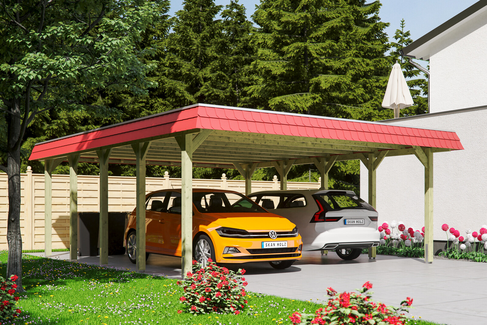 Carport Spreewald 585 x 741 cm mit Aluminiumdach, rote Blende
