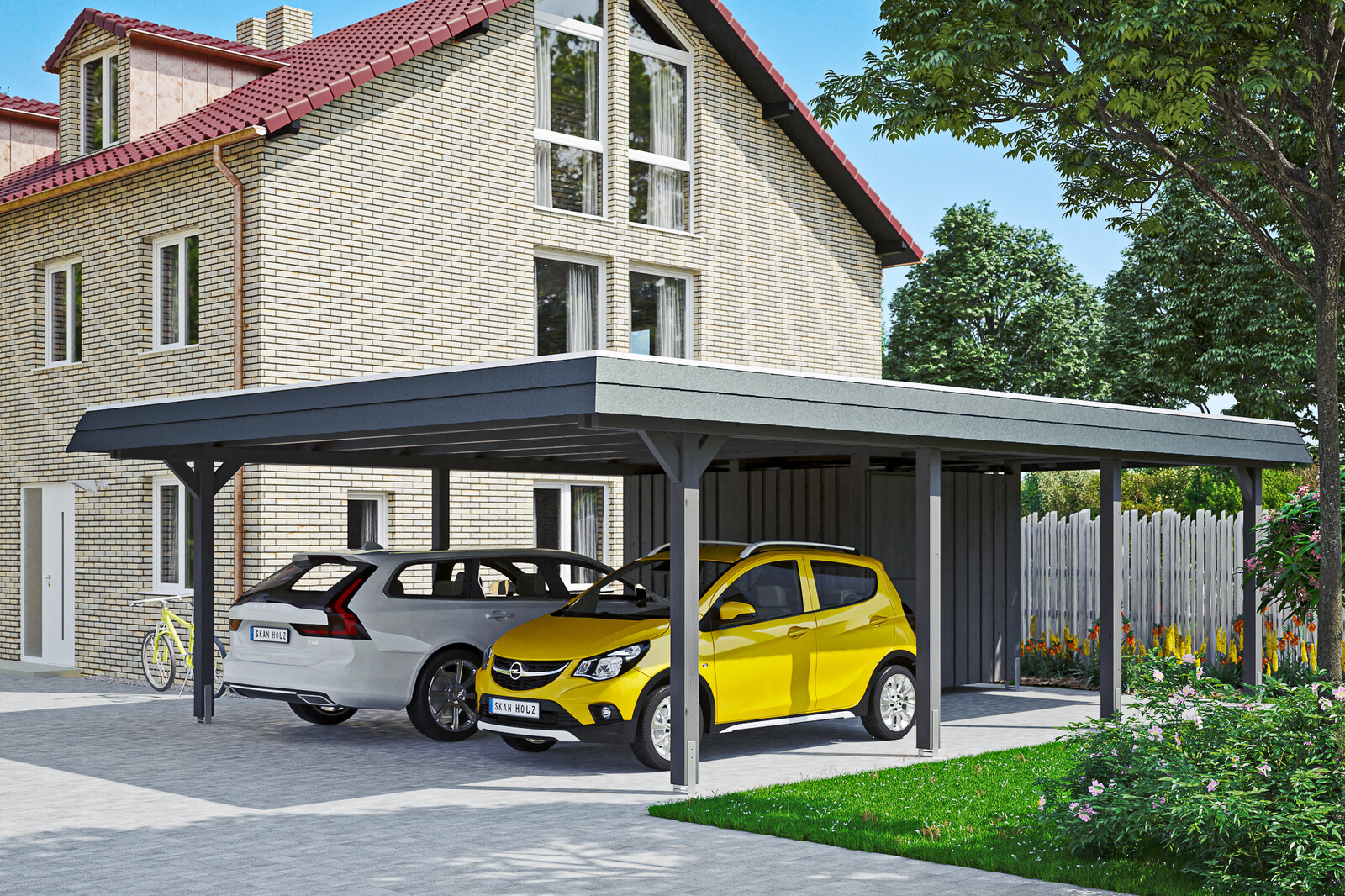 Carport Wendland with storage room 630 x 879 cm with aluminium roof, black fascia, colour pre-treated slate-grey
