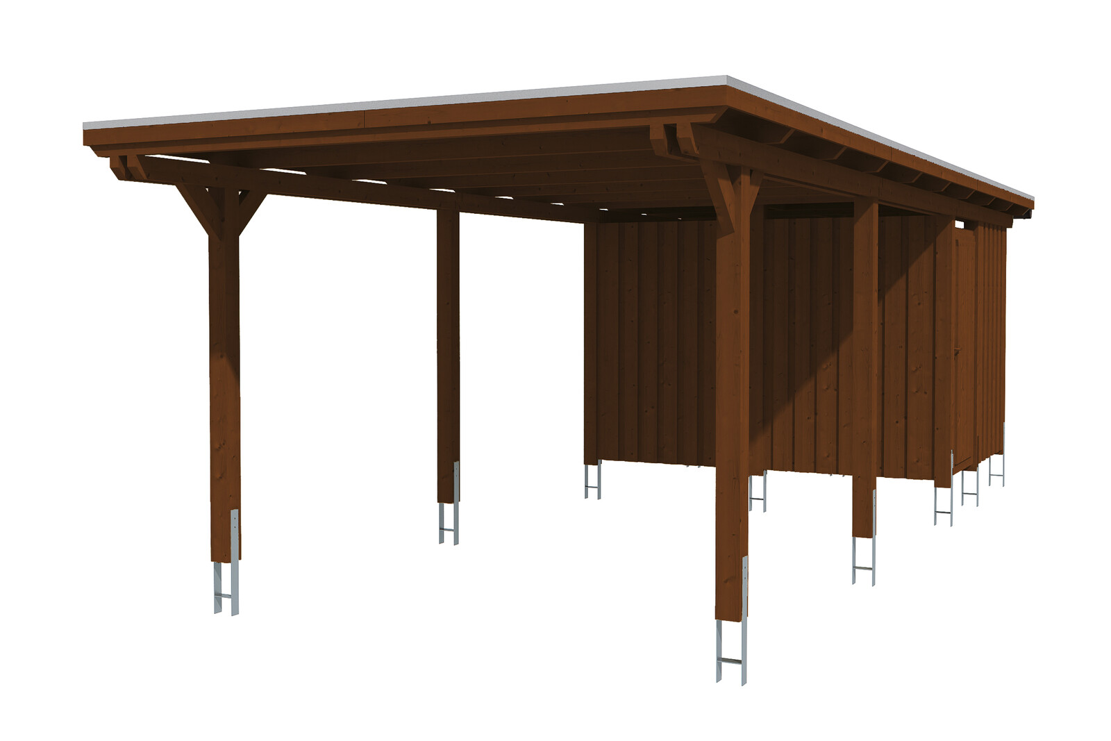 Carport Emsland 354 x 846 cm met bergruimte, gelakt in noten, met Aluminium dakplaten